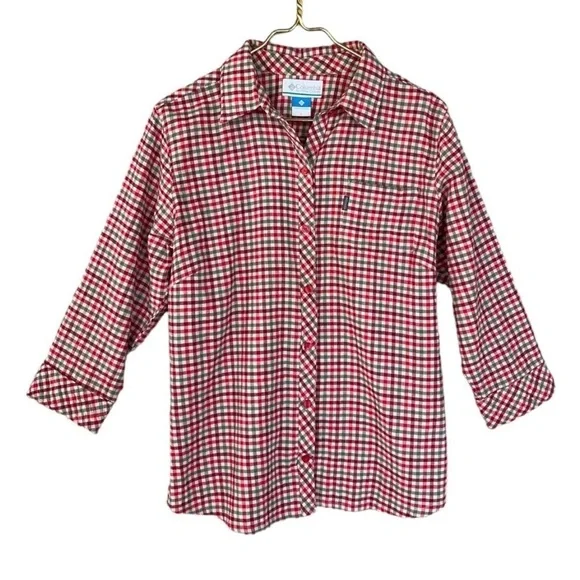 Columbia Plaid Button Down Shirt Crinkle Cotton 3/4 Sleeve L - Picture 2 of 10